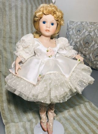 Vintage Porcelain Blonde Ballerina 17” Doll With White Dress