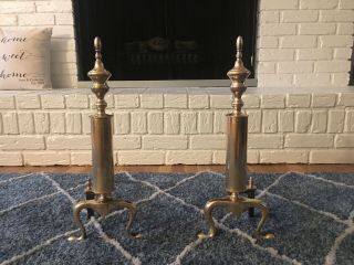 Vintage Fireplace Andirons Brass Metal And Cast Iron 20 " Tall Antique