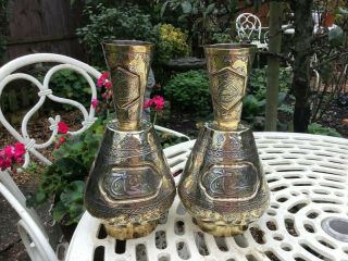 Antique Ornate Cairoware Inlaid,  Brass,  Silver,  Copper Vases X2