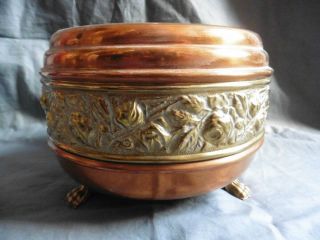 Vintage Copper And Brass Plant Pot Planter With Brass Lion Legs And Rose Shape
