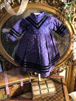 Wonderful Antique Child Doll Silk Blend Dress W/velvet Accents