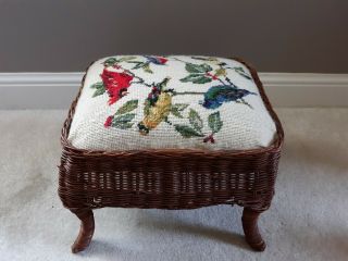 Vintage Wicker Foot Stool Bench With Needlepoint Birds Design