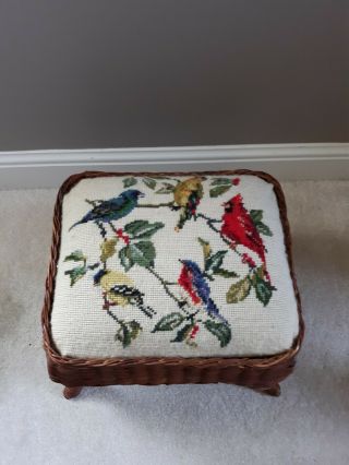 Vintage Wicker Foot Stool Bench with Needlepoint Birds Design 2