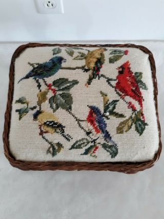 Vintage Wicker Foot Stool Bench with Needlepoint Birds Design 3