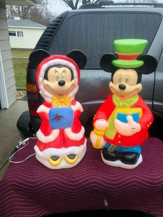 Vintage Christmas Large Disney Mickey & Minnie Mouse Blow Mold Lighted Set Rare