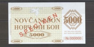 Bosnia 5000 Dinara 1992 P 9s Unc - Specimen - 000000 Serial - Rare