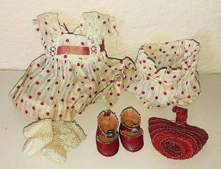 Vintage Vogue Ginny Doll White W/ Red Polka Dots Dress W/ Snap Shoes & Purse
