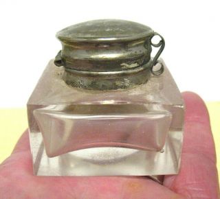 Antique Inkwell Sterling Silver Hinged Lid Glass Crystal Base