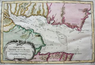 1754 BELLIN: orig.  map SOUTH AMERICA,  LA PLATA,  ARGENTINA,  BUENOS AIRES,  URUGUAY 2