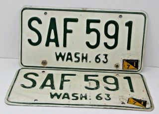 1963 Washington License Plates Matching Set Pair W 1971 Tabs Vintage Rare