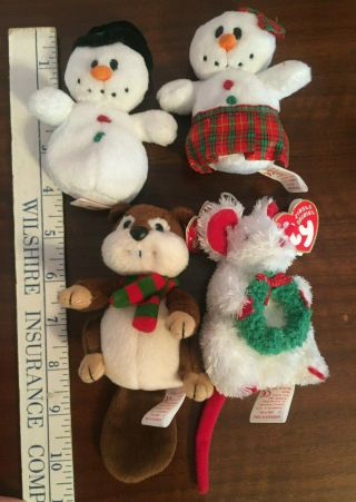Ty Jingle Beanie Baby “yule " Beaver,  " Garlands " Mouse & Two Snow People Rare