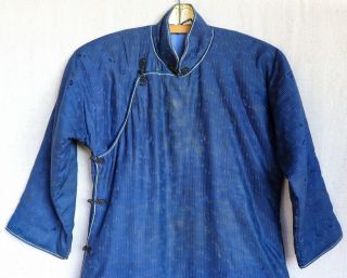 Antique 1920s 1930s Chinese Blue Damask Silk Quilted Cheongsam Qipao Robe Jacket 2