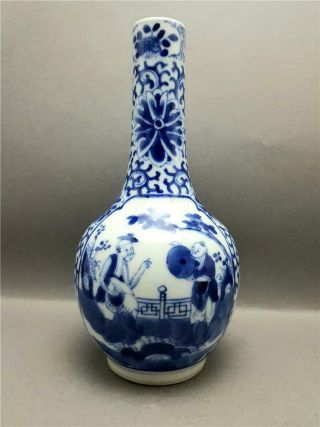 Antique 19th Century Chinese Kangxi Unusual Blue And White Bottle Vase Signed