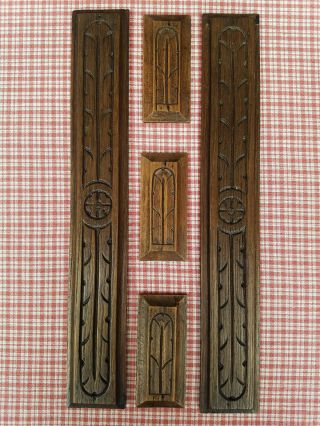 Set Of 5 Antique French Hand Carved Oak Embellishments C1900