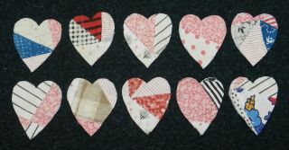 10 Primitive Antique Cutter Quilt Mini Hearts Pink Blue Scrapbooking Applique