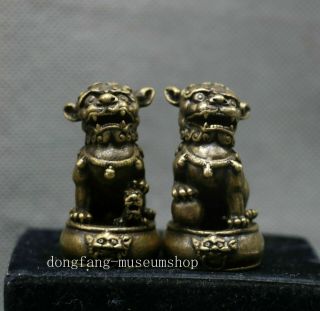Ancient Chinese Bronze Copper Fengshui Foo Fu Dog Guardion Door Lion Pair Statue