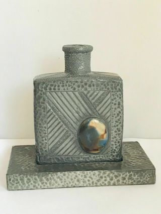 Antique,  Arts&crafts Hand Hammered Pewter Bottle & Ruskin Ceramic Panels