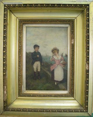 Antique,  Late Victorian Oil Painting " 2 Girls By The Seaside "