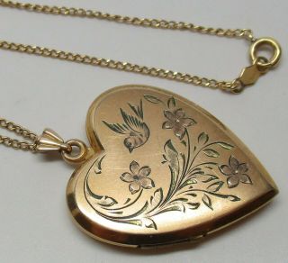 Antique 1/20 12k Gold Art Deco Hummingbird & Flower Heart Locket 18 " Necklace