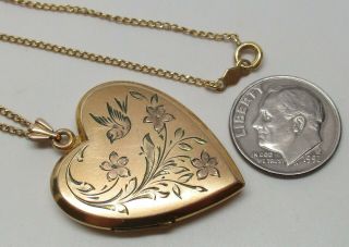 Antique 1/20 12K GOLD Art Deco Hummingbird & Flower Heart Locket 18 