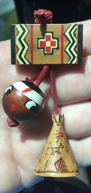 Rare 1940s Elzac Child Native W/ Rug & Teepee Carved Wood Brooch Pin