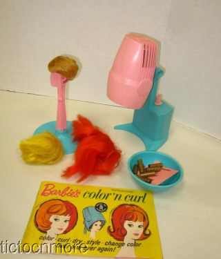 Vintage Barbie Doll Color Magic Color N Curl Salon Set Hair Dryer Wigs Stand