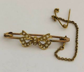 Antique Victorian 15ct Gold And 9ct Gold Seedpearl Bow Brooch