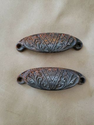 2 Antique Eastlake Cast Iron Bin Drawer Pulls Pair Rusty