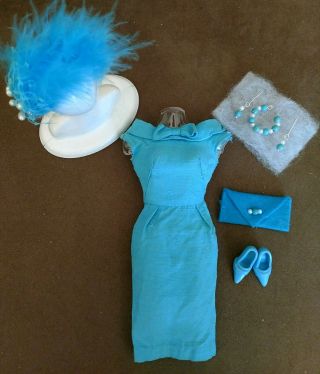 Vintage Barbie Turquoise Silk Sheath Dress Hat & Jewelry