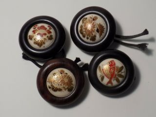 Antique Japanese Set Of 4 Satsuma Buttons With Hard Wood Cover