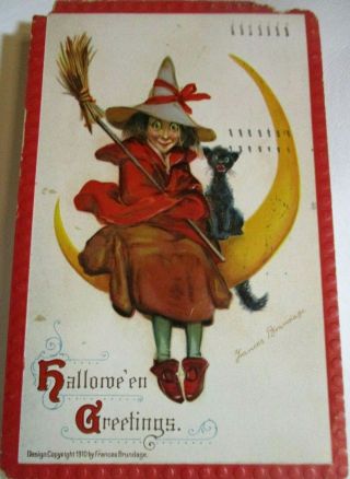 1910 Antique Postcard Frances Brundage Halloween Greetings Witch On Moon Black C