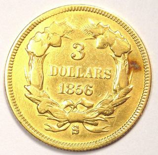 1856 - S Indian Three Dollar Gold Coin ($3) - VF Details - Rare Date Coin 2
