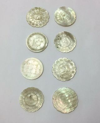 8x Antique Chinese Carved Mother Of Pearl Round Gaming Counters