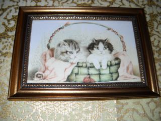 2 Cats In A Basket 4 X 6 Gold Framed Art Print Victorian Style Animal Picture