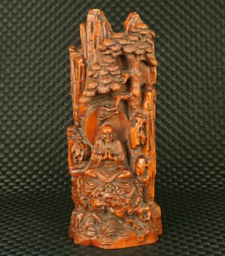 Unique Chinese Old Boxwood Buddha Under The Tree Pray Statue Figure Collectable