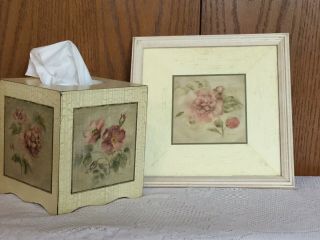Antique Roses Tissue Box Holder And Framed Rose Picture Set