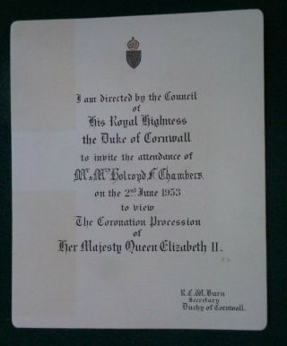 Antique Duchy Of Cornwall Invitation To Coronation Of Queen Elizabeth Ii 1953