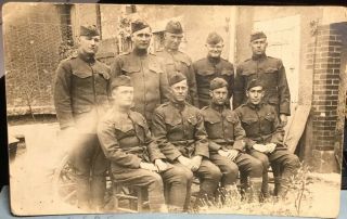 Vintage Antique Wwi War Real Photo Postcard 9 Us Army Soldiers In France Glossy