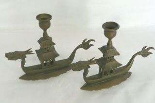 Antique Chinese Brass Dragon Boat Candle Holders