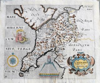 1637 Camden Saxton Atlas Antique Map Wales Caernarfonshire Anglesey Bangor
