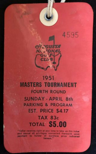 Rare 1951 Masters Badge Augusta National Golf Tournament Ticket Ben Hogan Wins