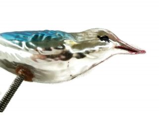Antique Bird Christmas Ornament Germany Hand Blown Glass Silver And Blue
