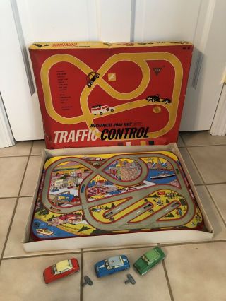 Vintage Ohio Art Road Race Traffic Control Wind Up Tin Car Toy Box Complete Rare