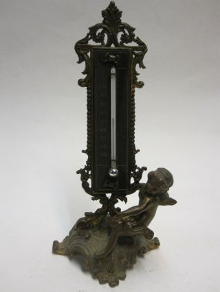 Antique Victorian Desktop Cast Bronze Cherub Figure With Thermometer