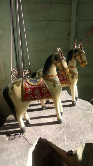 Very Rare Antique Vintage Folk Art Painted Hand Carved Wooden Horses