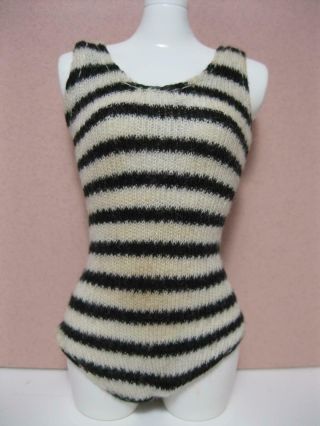 Vtg 1960s 11.  5 " Clone Ponytail Barbie Doll Cloth Blackwhite Stripe Knit Swimsuit