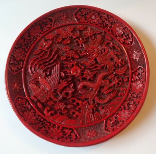 7 1/4” Vintage Antique Dragon Phoenix Chinese Hand Carved Cinnabar Lacquer Plate