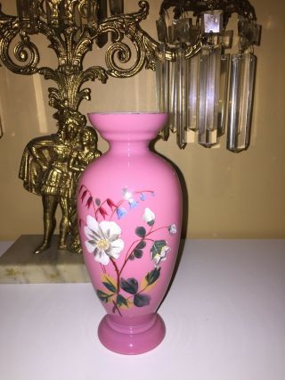 Antique Victorian Pink Bristol Cased Glass Vase Enameled