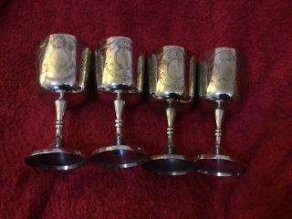 Four Vintage Hand Chased Silver Plate Wine Goblets C 1910