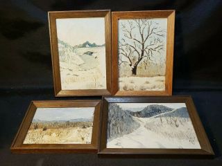 Set Of 4 Small Vintage Oil On Canvas Landscape Paintings Signed Dated Framed